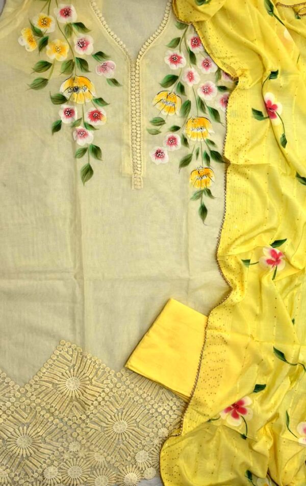 Women Yellow & Beige coloured dress material with embellished dupatta