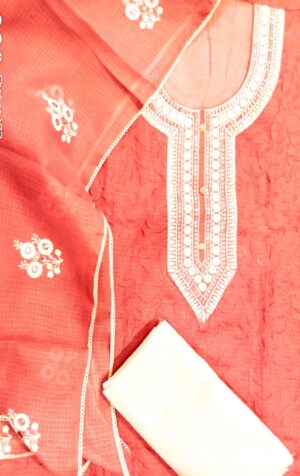 Women Peach & Cream coloured dress material with embroidered dupatta