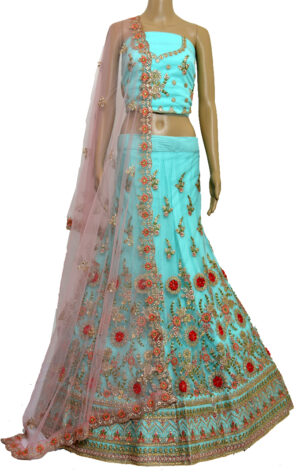 Blue & pink embroidered Lehenga choli with embellished dupatta
