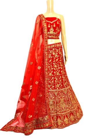 Red embroidered Lehenga choli with embellished dupatta