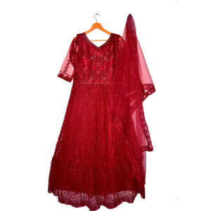 Red embroidered net ethnic gown with dupatta