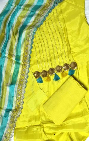 Women olive green dress material with multi coloured embellished dupatta