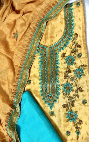 Women Beige & blue embroidered dress material with embellished dupatta has taping border