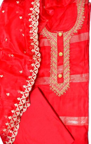Women red embroidered dress material with embroidered organza dupatta