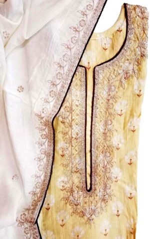 Women Beige & White embroidered dress material with embellished dupatta