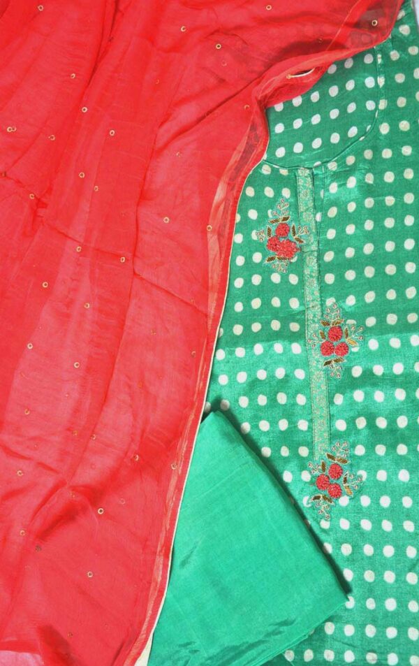 Women green embroidered dress material with hot pink embellished dupatta