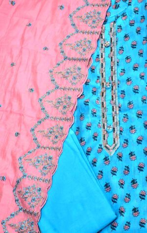 Women Blue & pink embroidered dress material with embellished dupatta