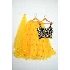 Yellow & blue embellished full stitched Lehenga with spaghetti blouse & net dupatta