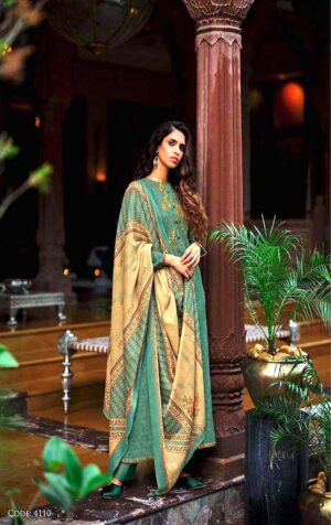 Women Blue & Beige embroidered Pashmina dress material with Stole