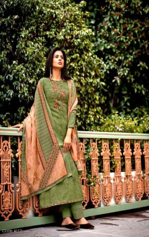 Women Green & Beige embroidered Pashmina dress material with Stole
