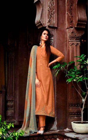 Women Orange & Grey embroidered Pashmina dress material with Stole
