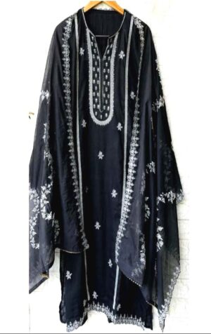 Women Black coloured embroidered dress material with dupatta