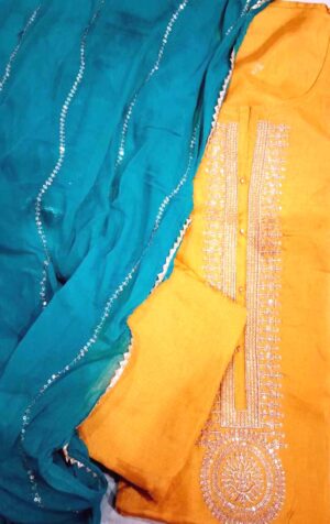 Women Yellow & Blue coloured embellished dress material with dupatta