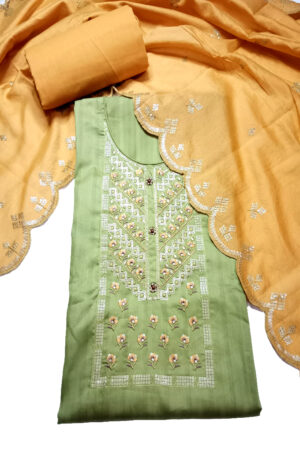 Women Green & Yellow coloured embroidered dress material with embellished dupatta