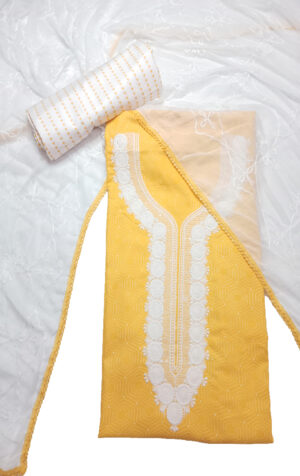 Women Yellow & white coloured embroidered dress material with embellished dupatta