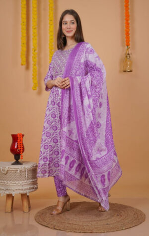 Lavender & white Floral printed Anarkali kurta set
