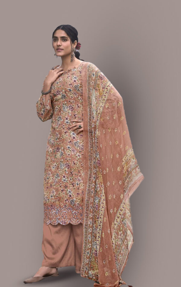 Women floral printed dress material with pure dupatta (Light Brown)