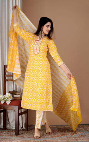 Yellow & white Floral printed A-line kurta set