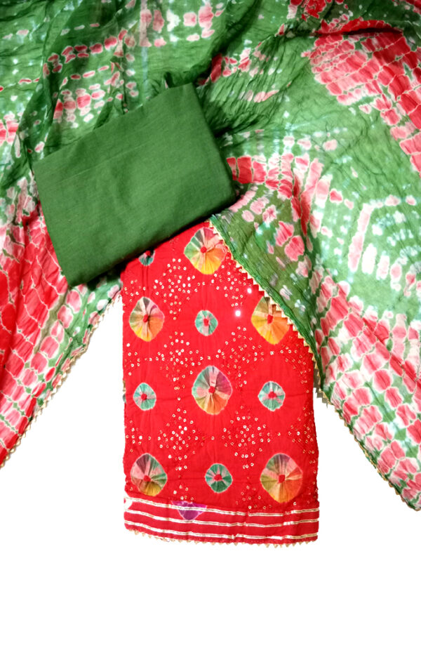 Women Bandani Cotton dress material with embellished dupatta (Red)