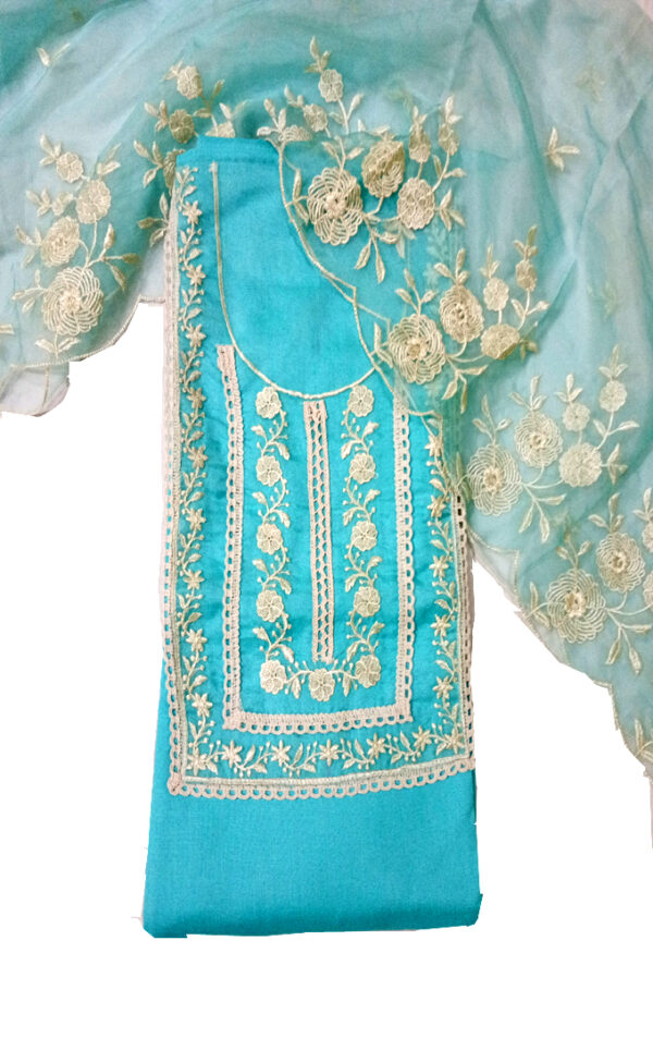 Women Cotton dress material with embellished dupatta (Blue)